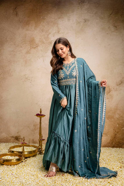 Designer Rangoli Crush Embroidered Gown with Dupatta