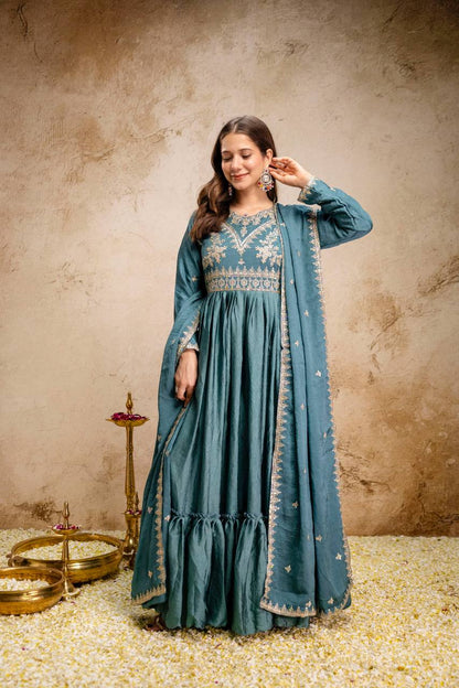 Designer Rangoli Crush Embroidered Gown with Dupatta