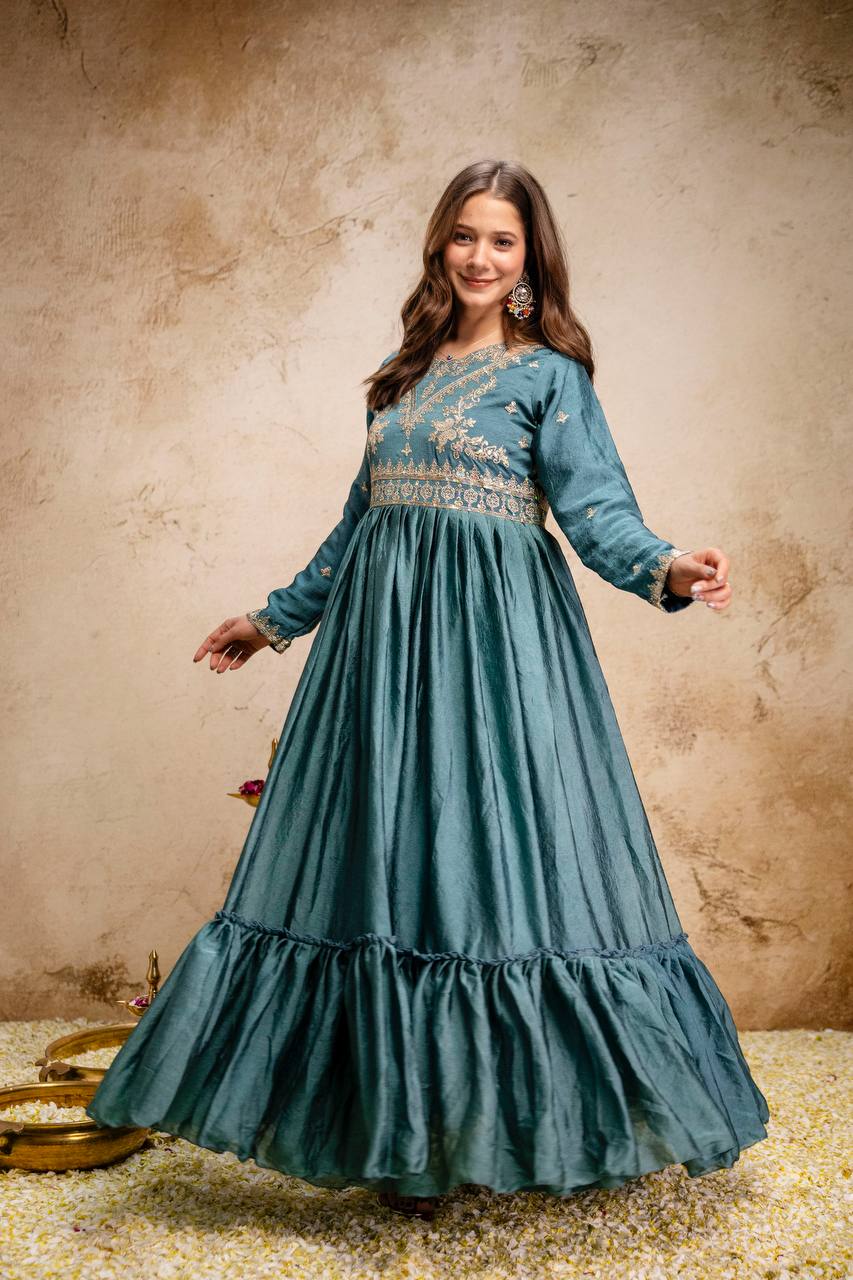 Designer Rangoli Crush Embroidered Gown with Dupatta