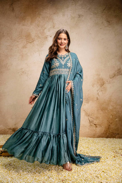 Designer Rangoli Crush Embroidered Gown with Dupatta