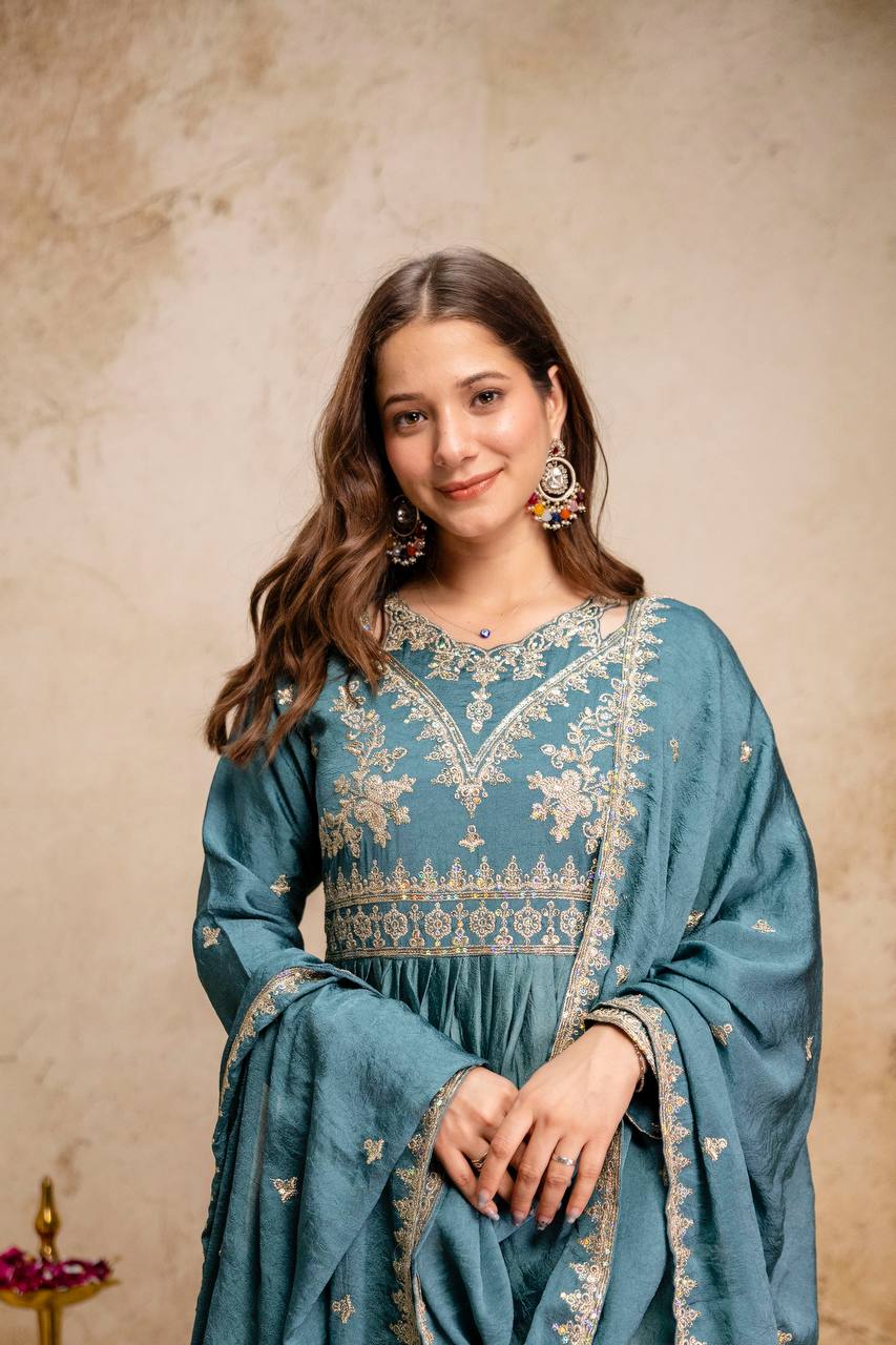 Designer Rangoli Crush Embroidered Gown with Dupatta