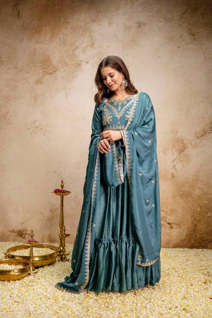 Designer Rangoli Crush Embroidered Gown with Dupatta