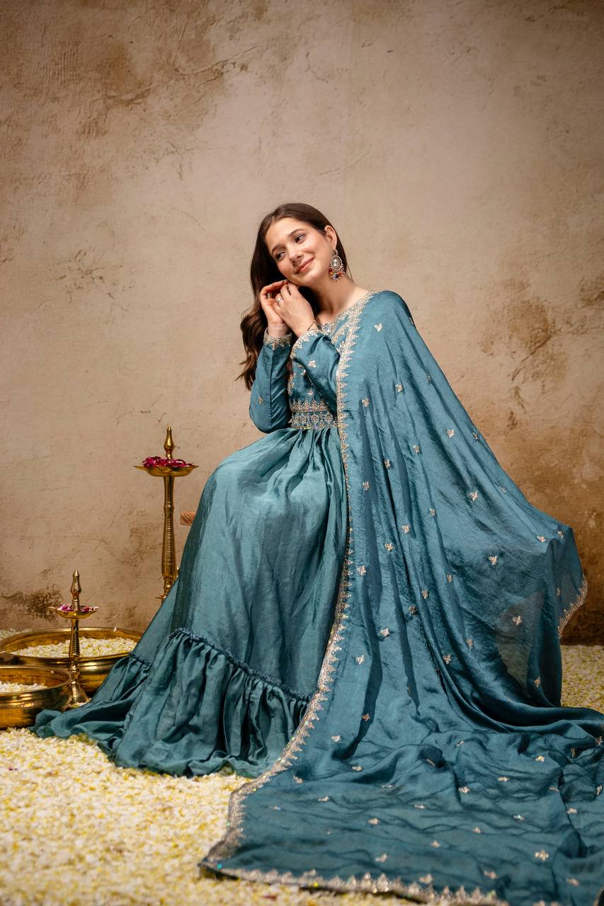 Designer Rangoli Crush Embroidered Gown with Dupatta