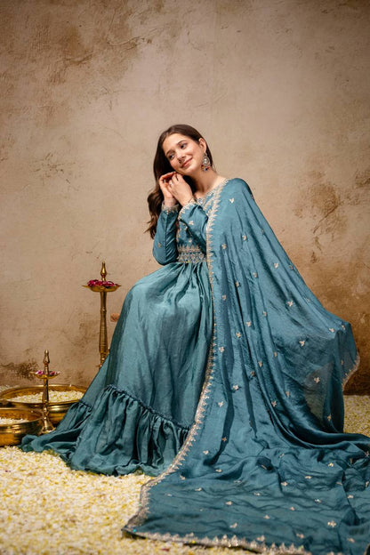Designer Rangoli Crush Embroidered Gown with Dupatta