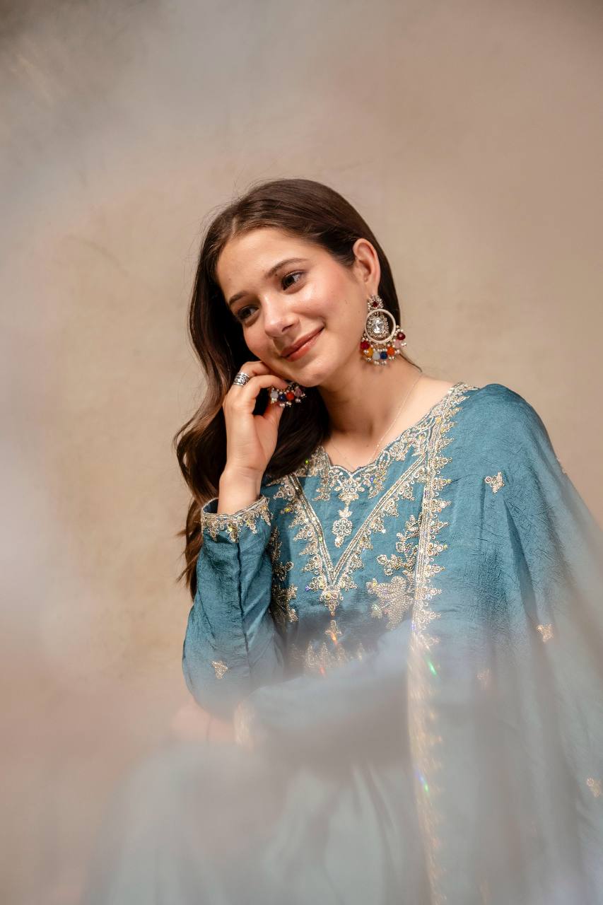 Designer Rangoli Crush Embroidered Gown with Dupatta