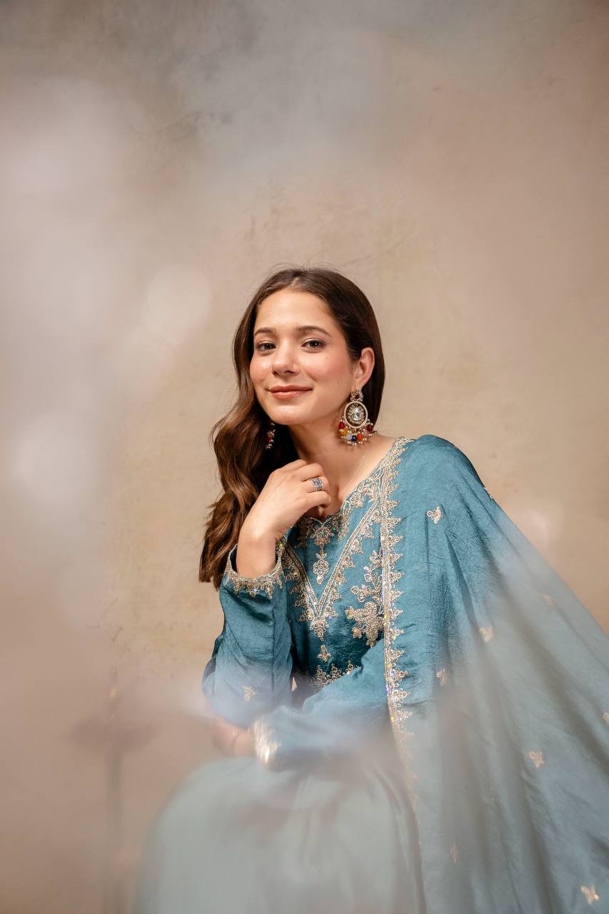 Designer Rangoli Crush Embroidered Gown with Dupatta