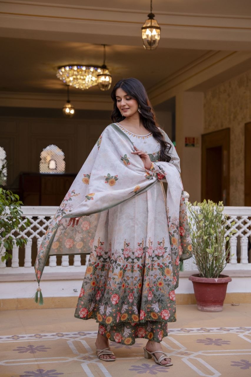 Premium Chinon Embroidered Kurti Palazzo Dupatta Set