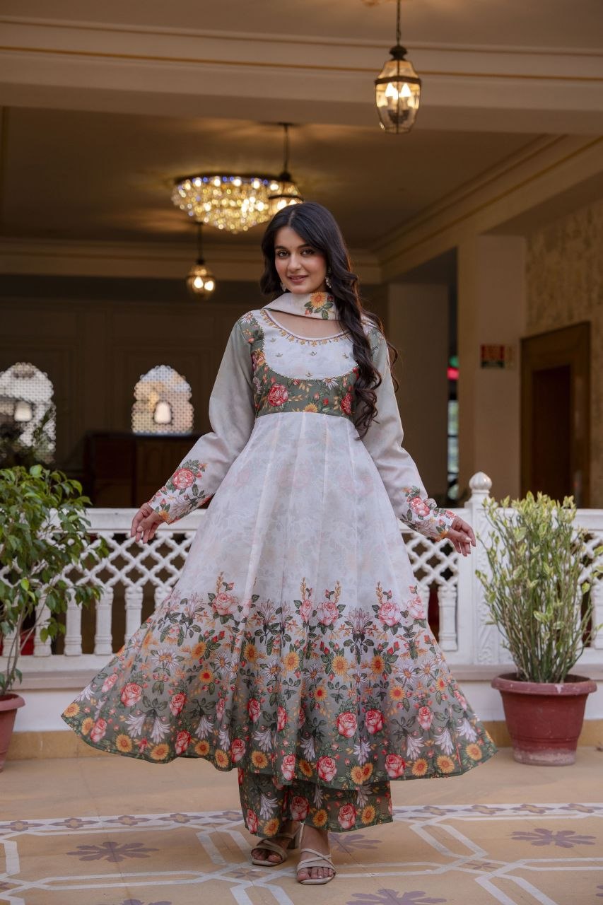 Premium Chinon Embroidered Kurti Palazzo Dupatta Set