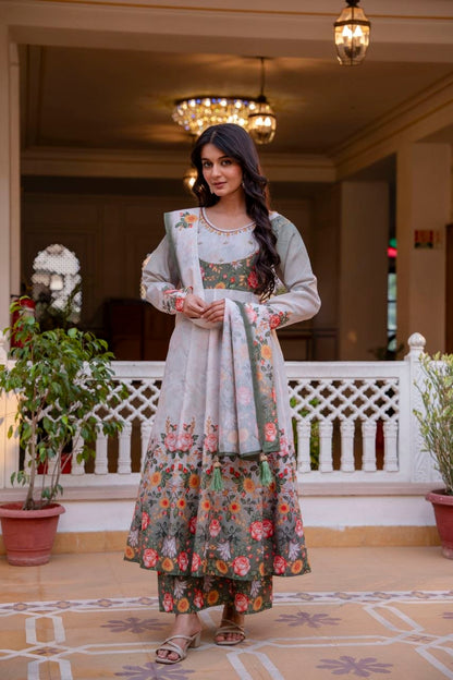 Premium Chinon Embroidered Kurti Palazzo Dupatta Set