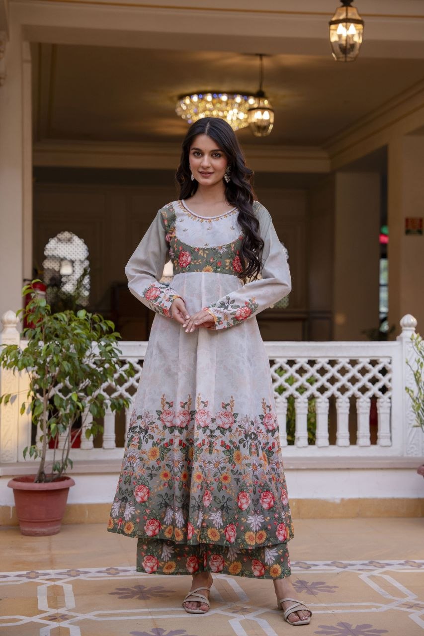 Premium Chinon Embroidered Kurti Palazzo Dupatta Set