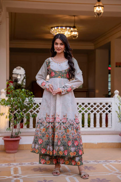 Premium Chinon Embroidered Kurti Palazzo Dupatta Set