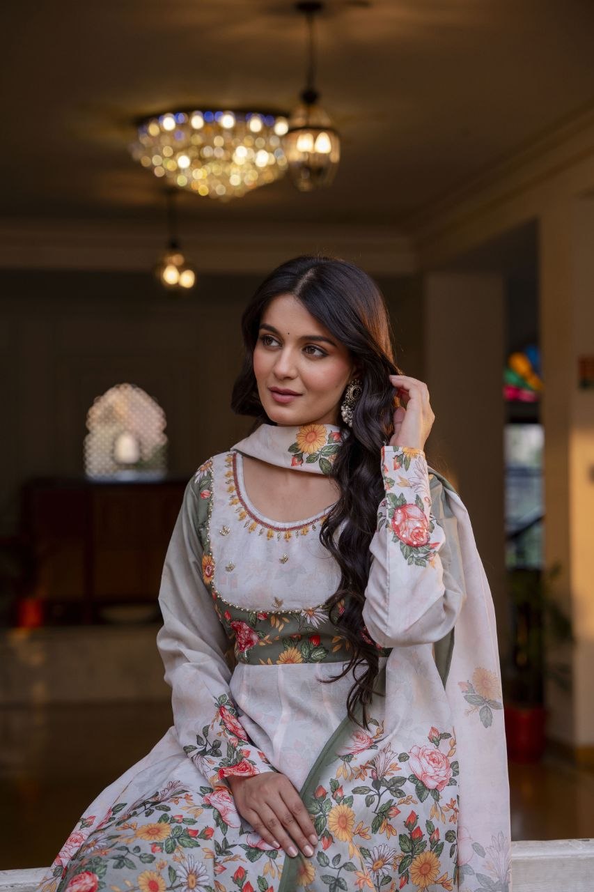 Premium Chinon Embroidered Kurti Palazzo Dupatta Set