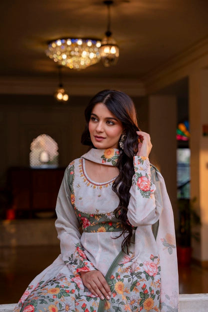 Premium Chinon Embroidered Kurti Palazzo Dupatta Set