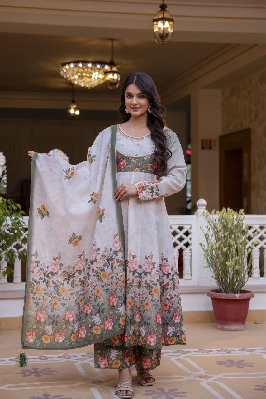 Premium Chinon Embroidered Kurti Palazzo Dupatta Set