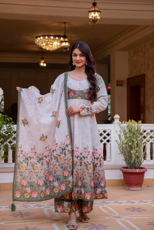 Premium Chinon Embroidered Kurti Palazzo Dupatta Set