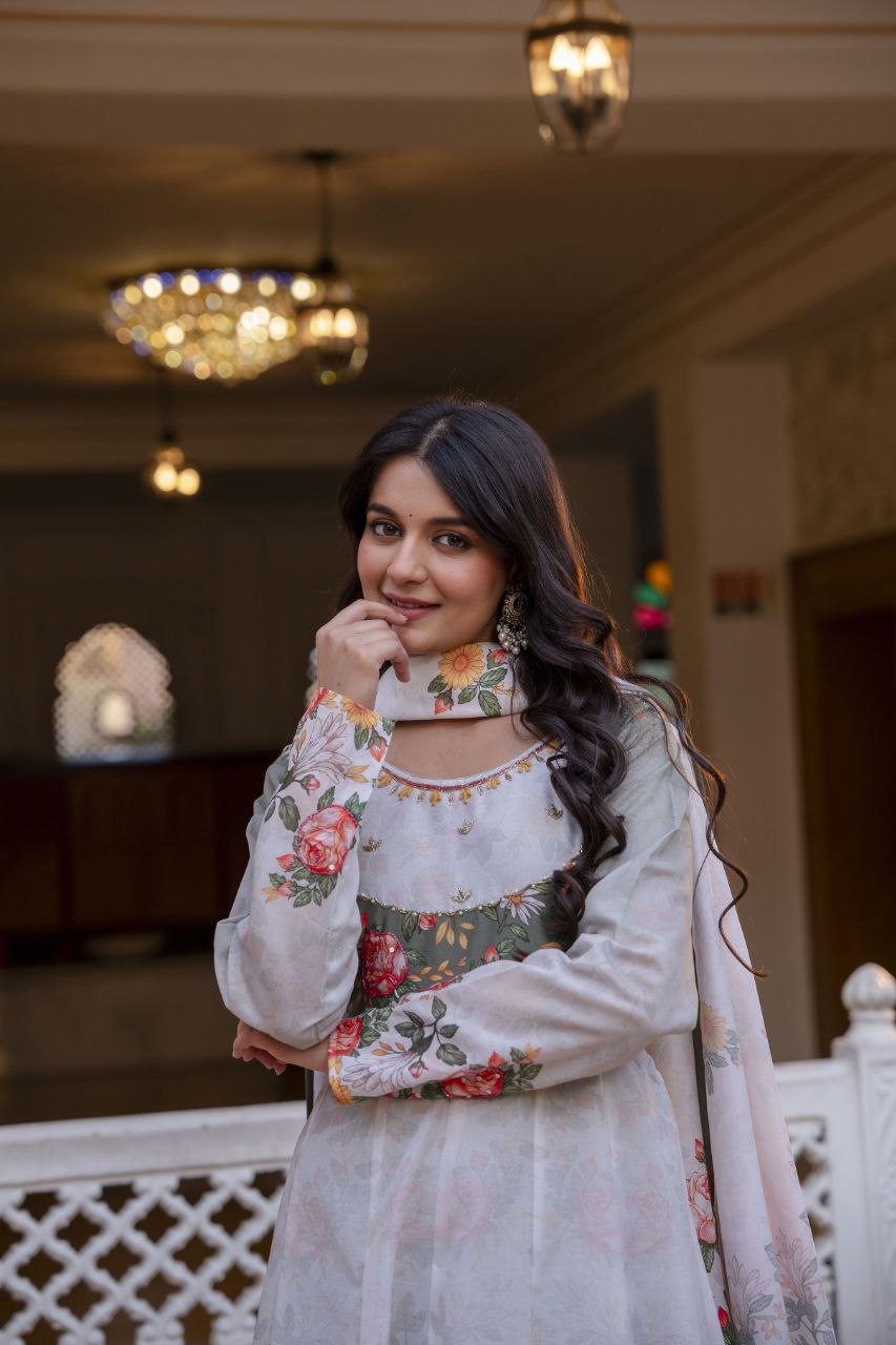 Premium Chinon Embroidered Kurti Palazzo Dupatta Set