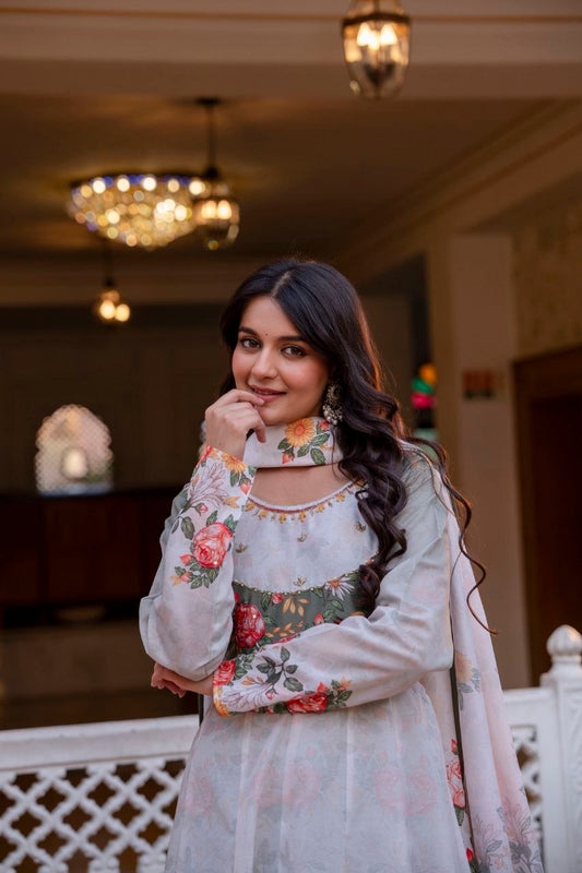 Premium Chinon Embroidered Kurti Palazzo Dupatta Set