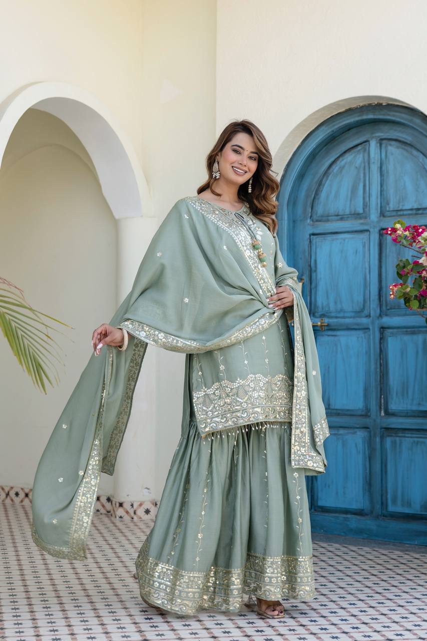 Women Embroidered Kurti Plazzo Set With Dupatta