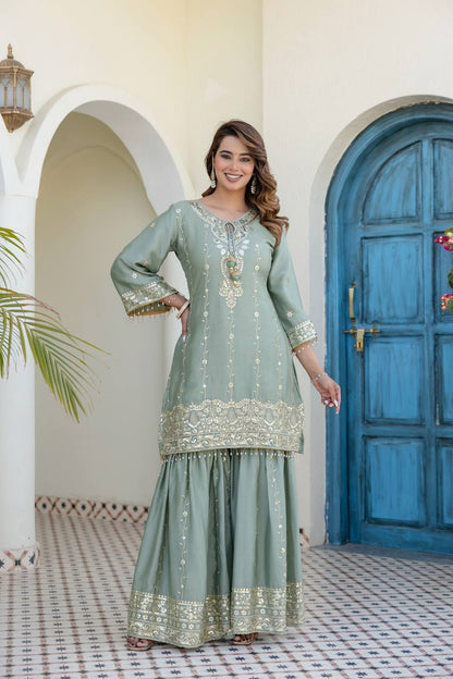 Women Embroidered Kurti Plazzo Set With Dupatta
