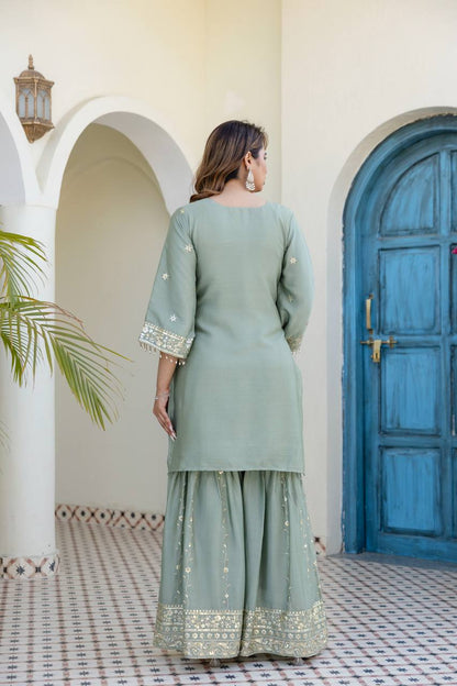 Women Embroidered Kurti Plazzo Set With Dupatta