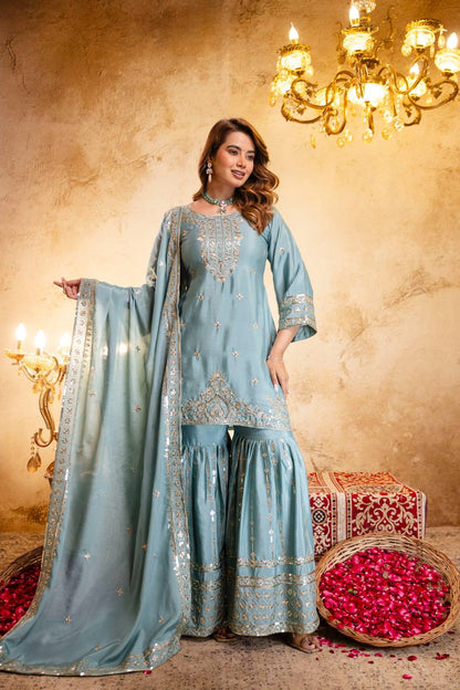 Stylish Kurti With Sarara And Dupatta Set