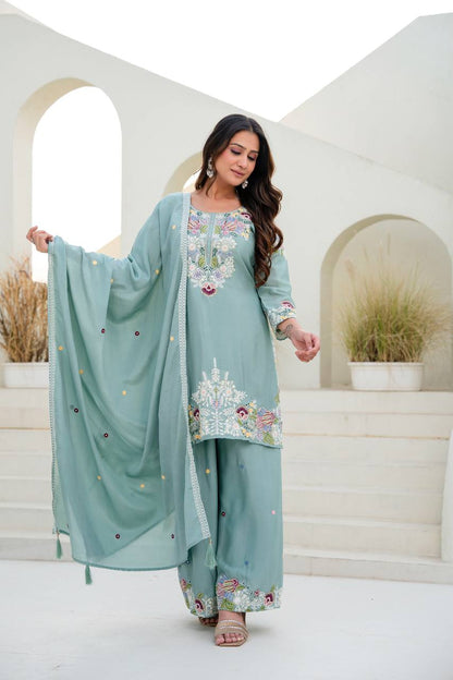 Festive Wear Embroidered Kurti Set with Dupatta