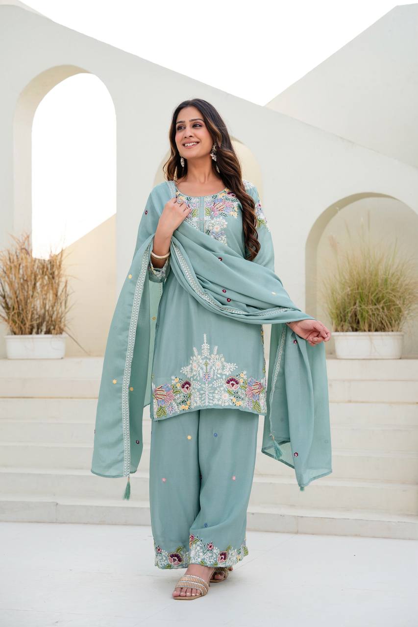 Festive Wear Embroidered Kurti Set with Dupatta