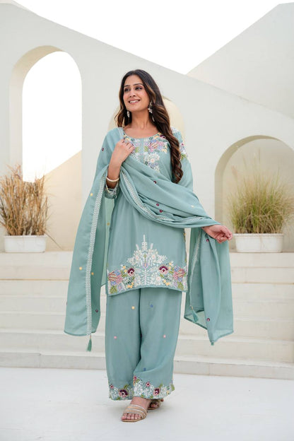 Festive Wear Embroidered Kurti Set with Dupatta