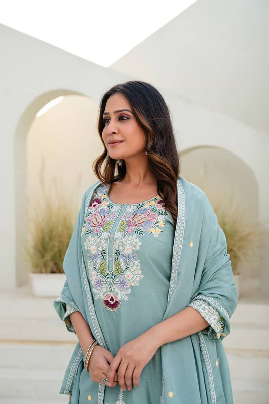 Festive Wear Embroidered Kurti Set with Dupatta