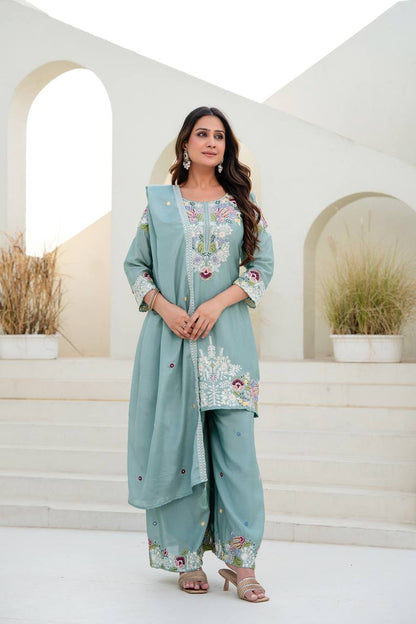 Festive Wear Embroidered Kurti Set with Dupatta