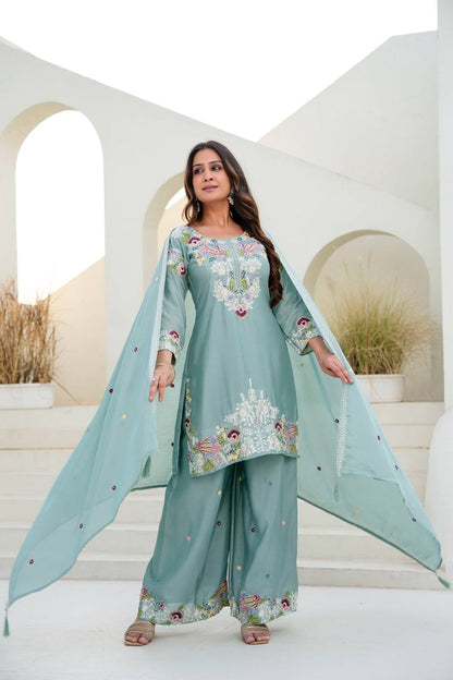 Festive Wear Embroidered Kurti Set with Dupatta