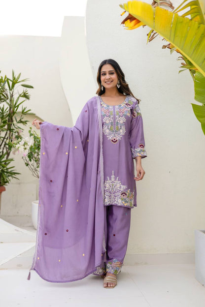 Premium Chinon Embroidered Kurti Palazzo Dupatta Set