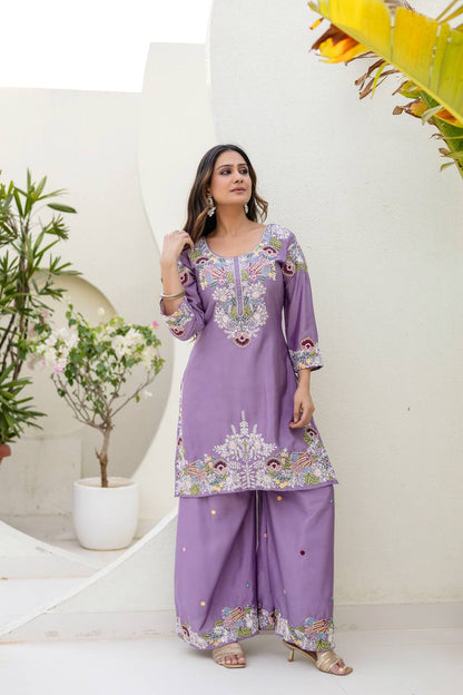Premium Chinon Embroidered Kurti Palazzo Dupatta Set