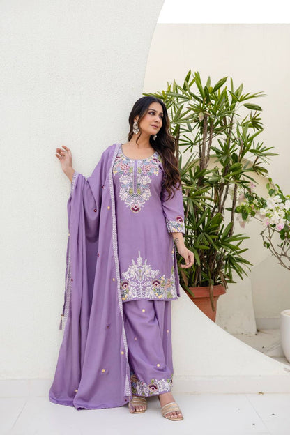 Premium Chinon Embroidered Kurti Palazzo Dupatta Set