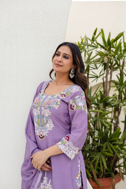 Premium Chinon Embroidered Kurti Palazzo Dupatta Set