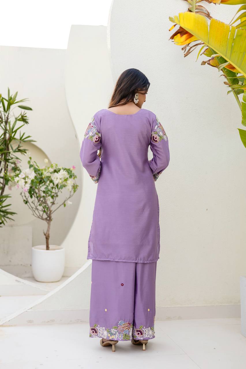 Premium Chinon Embroidered Kurti Palazzo Dupatta Set