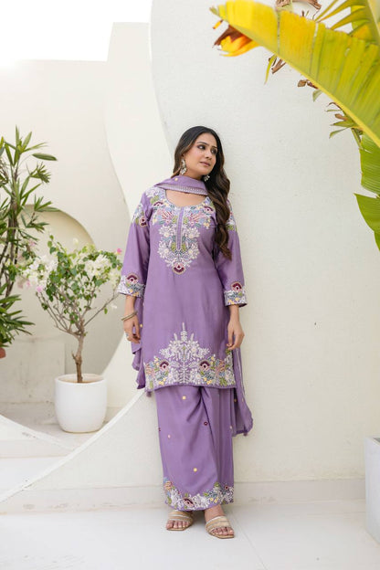 Premium Chinon Embroidered Kurti Palazzo Dupatta Set