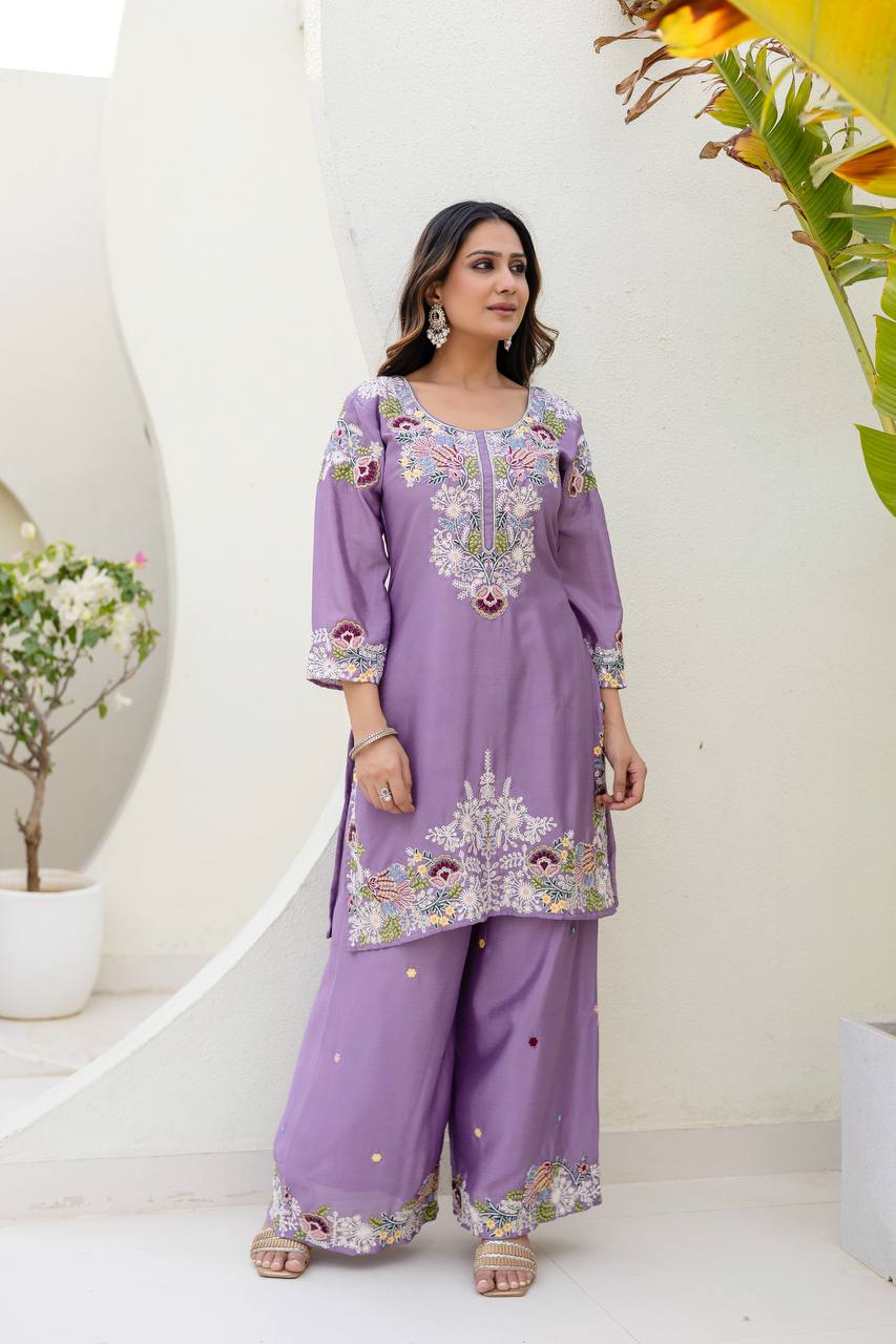 Premium Chinon Embroidered Kurti Palazzo Dupatta Set
