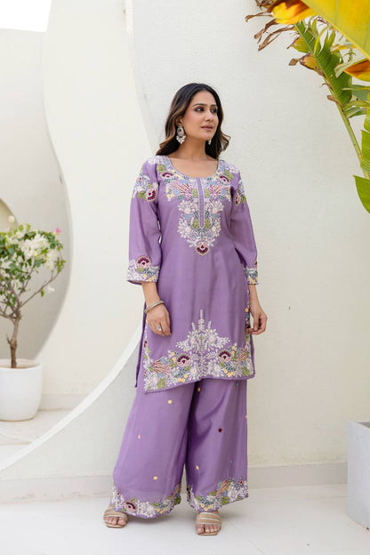 Premium Chinon Embroidered Kurti Palazzo Dupatta Set