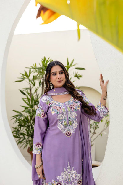 Premium Chinon Embroidered Kurti Palazzo Dupatta Set