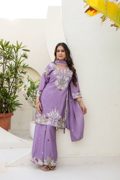 Premium Chinon Embroidered Kurti Palazzo Dupatta Set