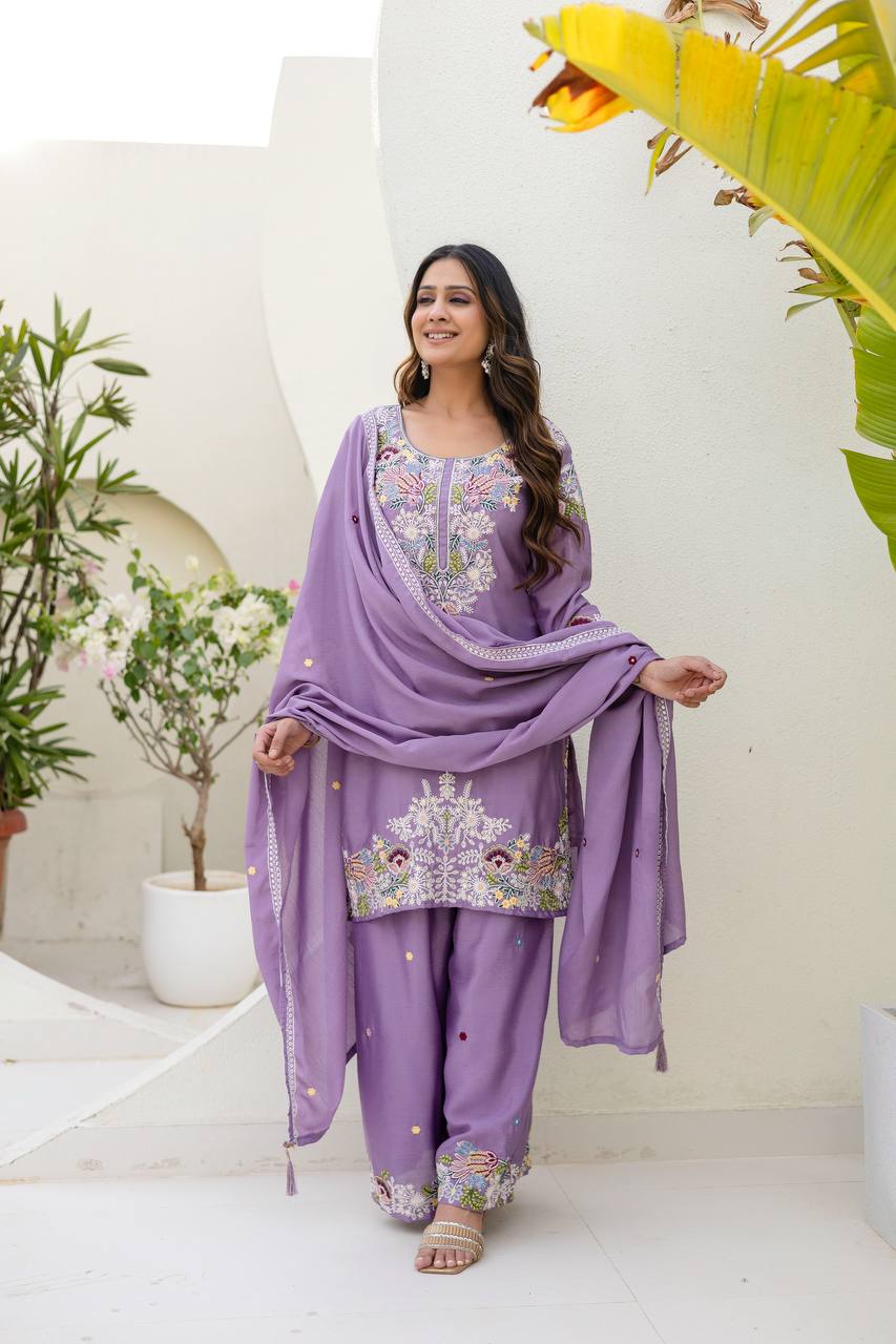 Premium Chinon Embroidered Kurti Palazzo Dupatta Set