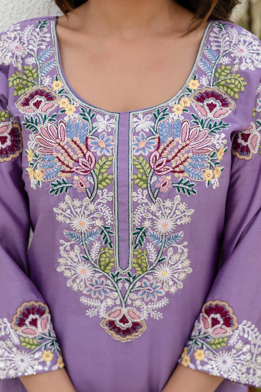 Premium Chinon Embroidered Kurti Palazzo Dupatta Set