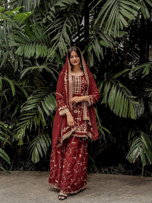 Royal Red Heavy Embroidered Anarkali Suit with Organza Dupatta