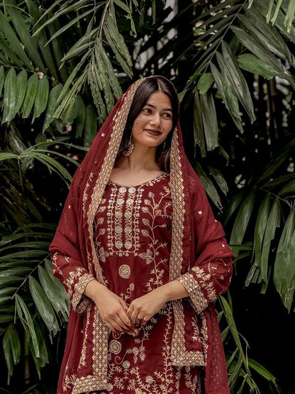 Royal Red Heavy Embroidered Anarkali Suit with Organza Dupatta