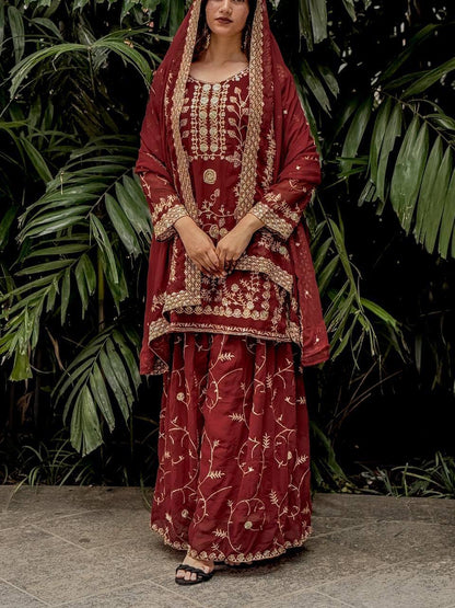 Royal Red Heavy Embroidered Anarkali Suit with Organza Dupatta