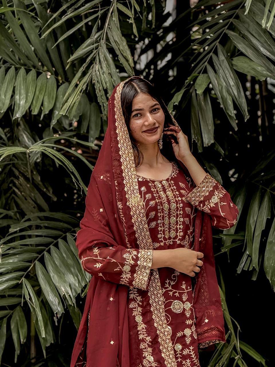 Royal Red Heavy Embroidered Anarkali Suit with Organza Dupatta