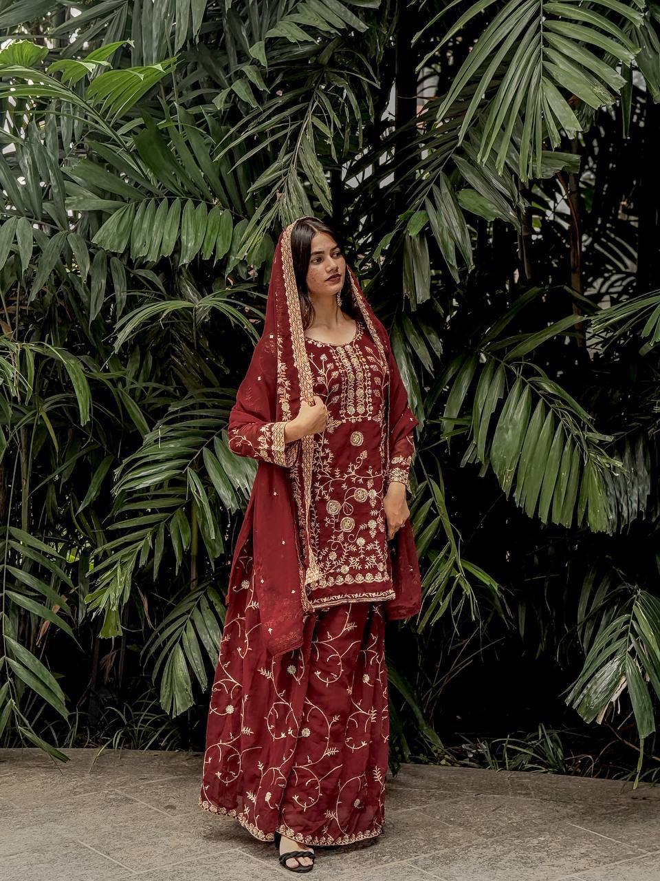 Royal Red Heavy Embroidered Anarkali Suit with Organza Dupatta