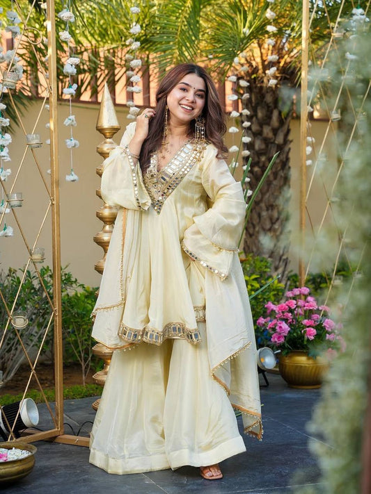 Women Embroidered Chinon Kurta Palazzo Dupatta Set with Mirror Work Ethnic Wear