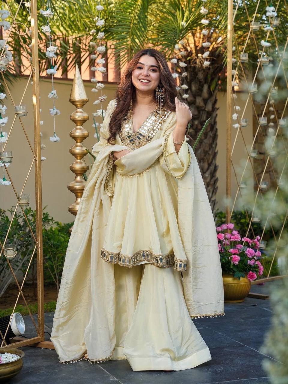Women Embroidered Chinon Kurta Palazzo Dupatta Set with Mirror Work Ethnic Wear